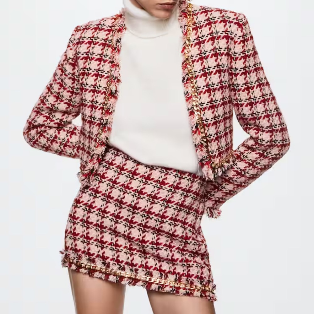Mango Tweed mini-skirt with chain red pink plaid